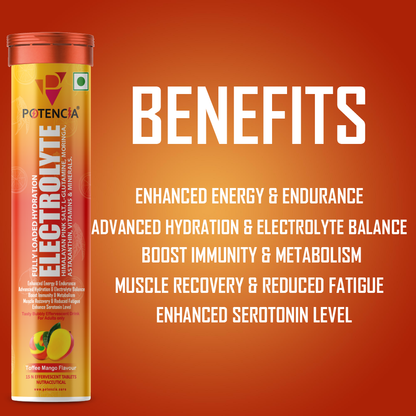 Potencia Electrolyte Hydration Effervescent Tablets | Toffee Mango | With Glutamine, Moringa, Astaxanthin, Biotin & Himalayan Pink Salt | 15 Tabs/Bottle