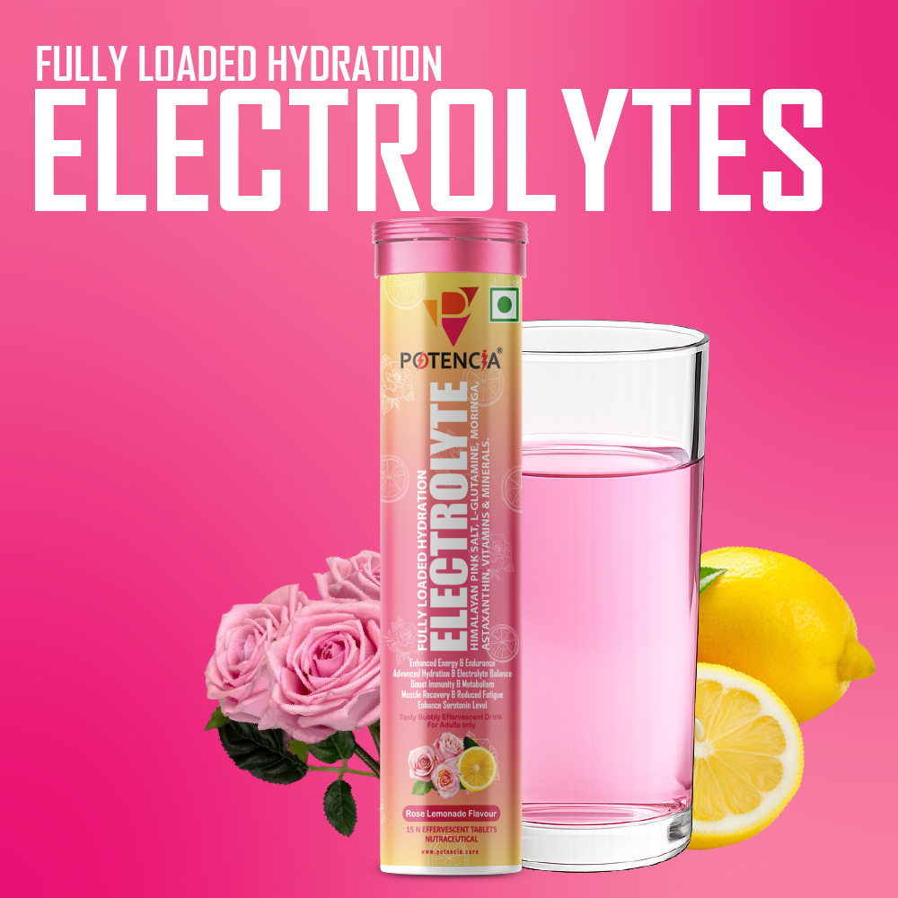Pack Of 3 Potencia Electrolyte Hydration Effervescent Tablets | Rose Lemonade | Glutamine, Moringa, Astaxanthin, Biotin & Himalayan Pink Salt |45 Tabs/Bottle