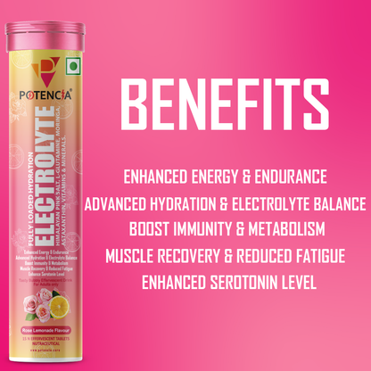 Pack Of 3 Potencia Electrolyte Hydration Effervescent Tablets | Rose Lemonade | Glutamine, Moringa, Astaxanthin, Biotin & Himalayan Pink Salt |45 Tabs/Bottle