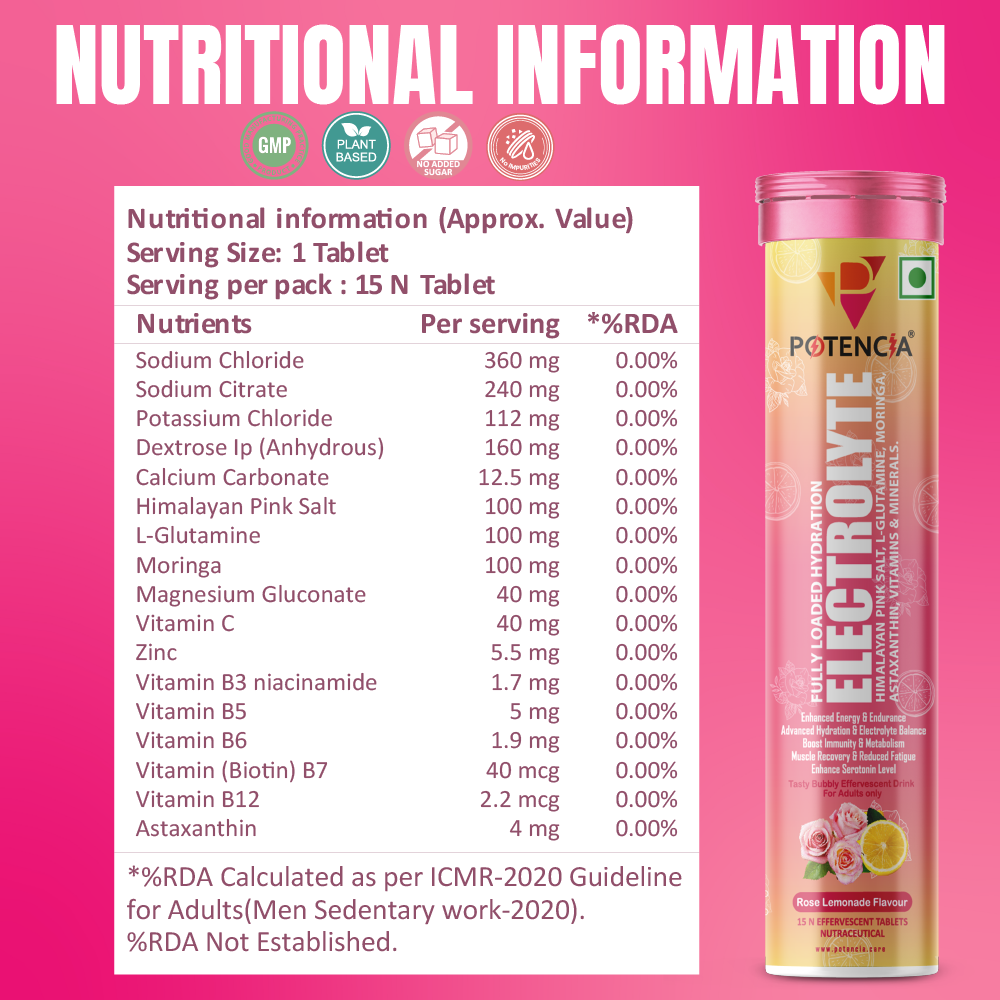 Pack Of 3 Potencia Electrolyte Hydration Effervescent Tablets | Rose Lemonade | Glutamine, Moringa, Astaxanthin, Biotin & Himalayan Pink Salt |45 Tabs/Bottle