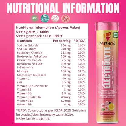 Pack Of 3 Potencia Electrolyte Hydration Effervescent Tablets | Rose Lemonade | Glutamine, Moringa, Astaxanthin, Biotin & Himalayan Pink Salt |45 Tabs/Bottle
