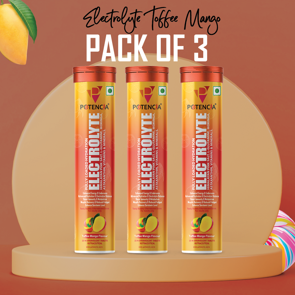 Pack of 3 Potencia Electrolyte Hydration Effervescent Tablets | Toffee Mango | With Glutamine, Moringa, Astaxanthin, Biotin & Himalayan Pink Salt | 45 Tabs/Bottle