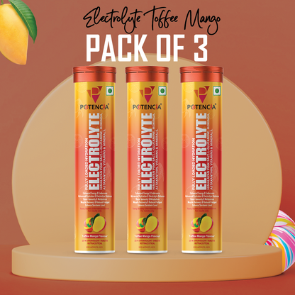 Pack of 3 Potencia Electrolyte Hydration Effervescent Tablets | Toffee Mango | With Glutamine, Moringa, Astaxanthin, Biotin & Himalayan Pink Salt | 45 Tabs/Bottle