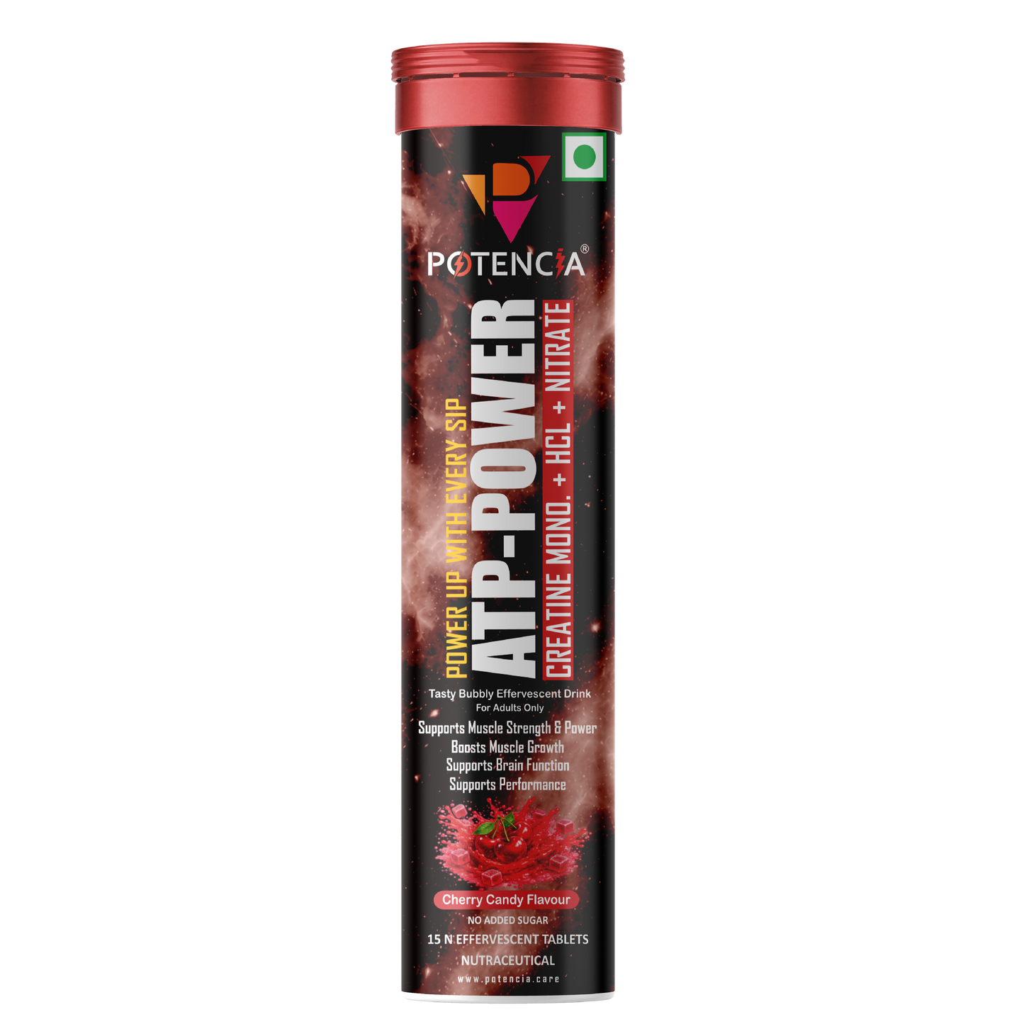 Potencia ATP Power Creatine Supplement | Creatine Monohydrate + HCL + Nitrate | Strength & Performance Support | Cherry Candy Flavour | Effervescent Tablets
