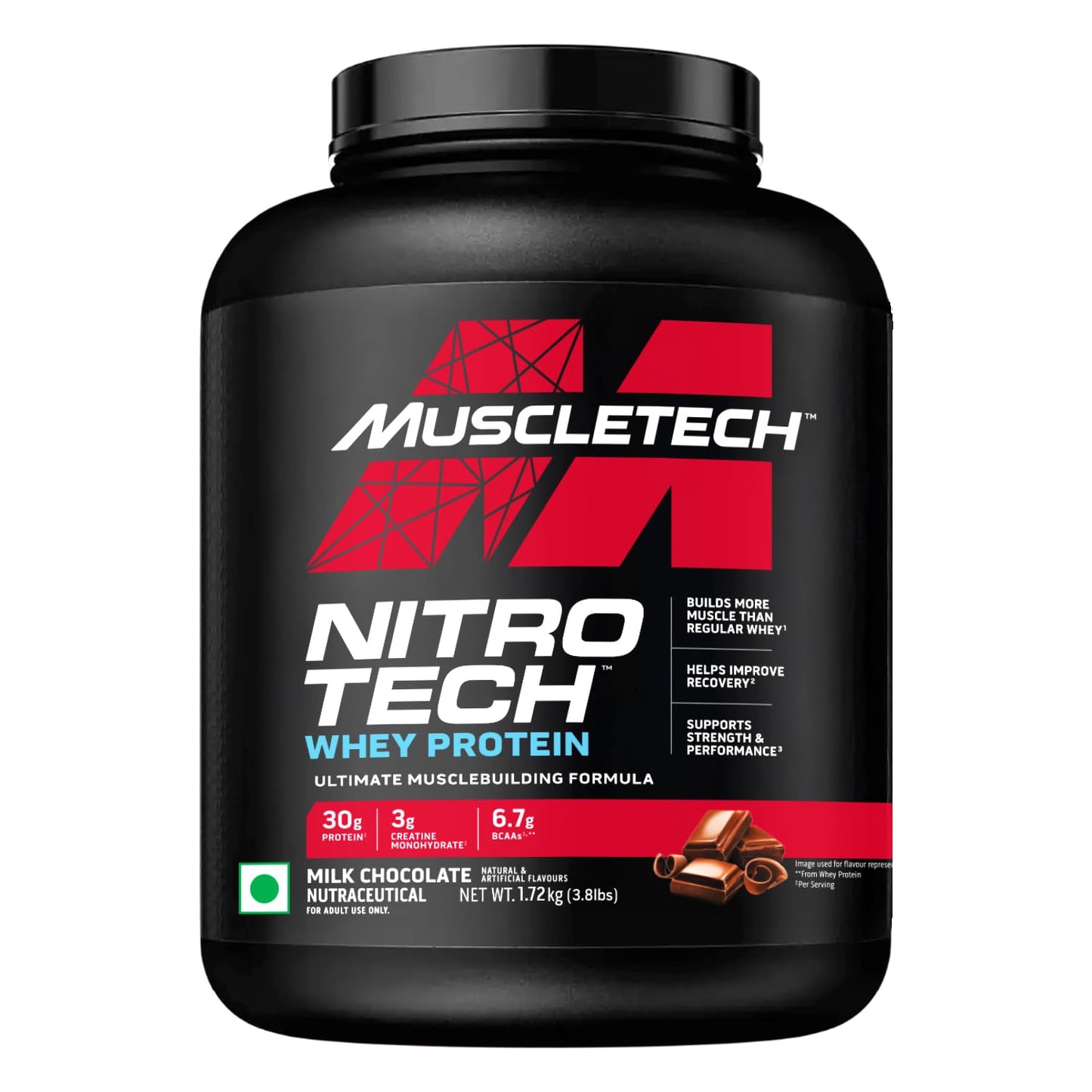 MuscleTech Nitro-Tech Whey Protein – Milk Chocolate, 1.72 kg (3.8 lb) | 30g Protein + 3g Creatine