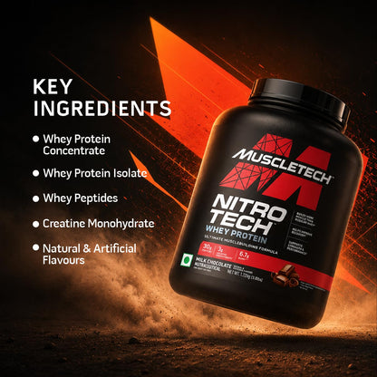 MuscleTech Nitro-Tech Whey Protein – Milk Chocolate, 1.72 kg (3.8 lb) | 30g Protein + 3g Creatine
