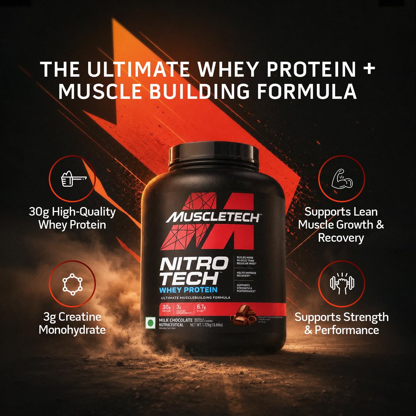 MuscleTech Nitro-Tech Whey Protein – Milk Chocolate, 1.72 kg (3.8 lb) | 30g Protein + 3g Creatine