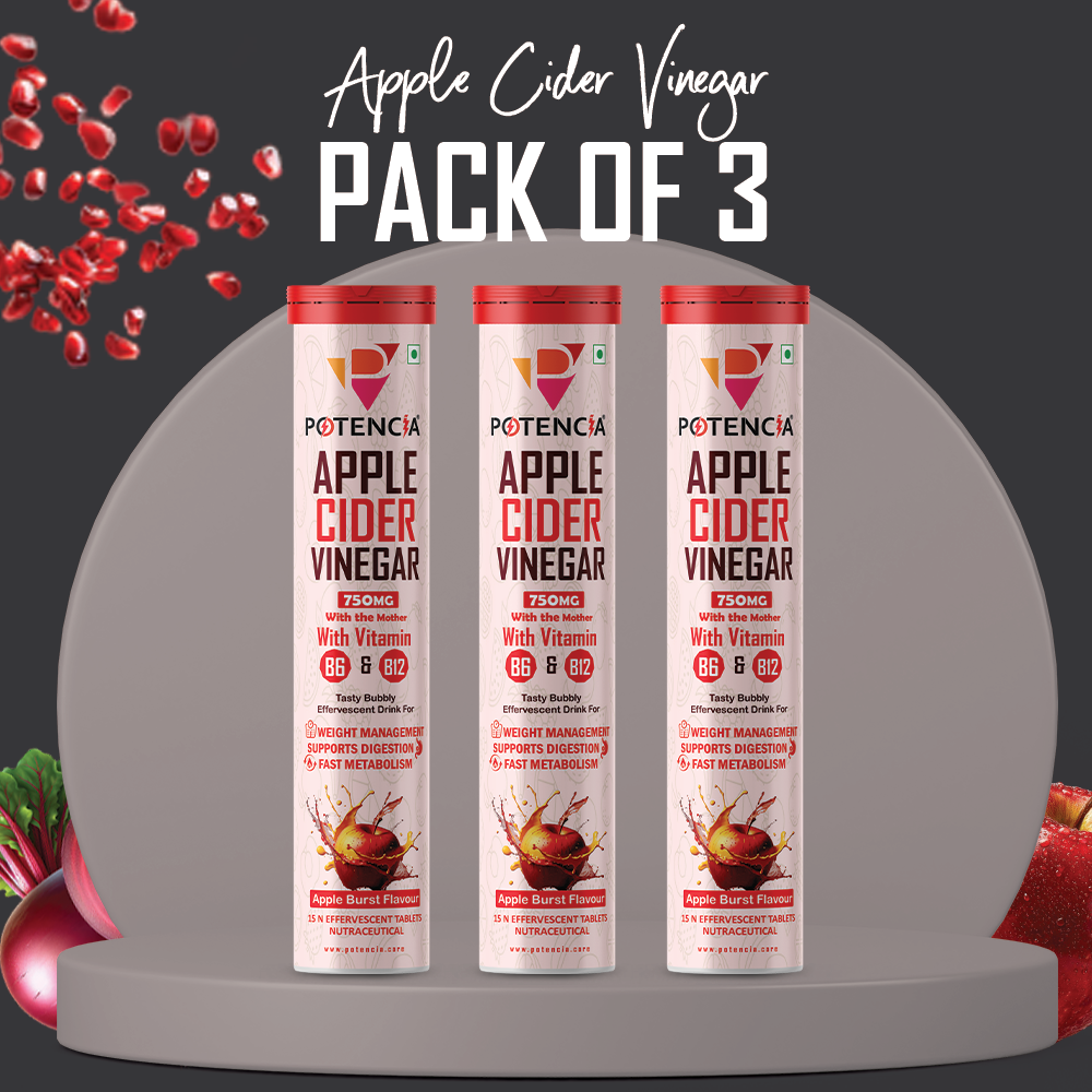 Potencia ( Pack of 3 tube )Apple Cider Vinegar Tablets with Pomegranate & Beetroot Extract | Metabolism, Digestion & Weight Management Support | With Vitamin B6 & B12