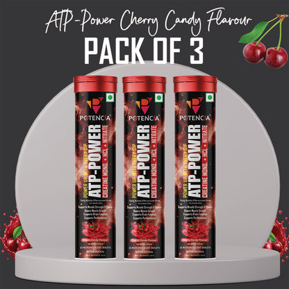 Potencia (Pack of 3) ATP Power Creatine Supplement | Creatine Monohydrate + HCL + Nitrate | Strength & Performance Support | Cherry Candy Flavour | Effervescent Tablets