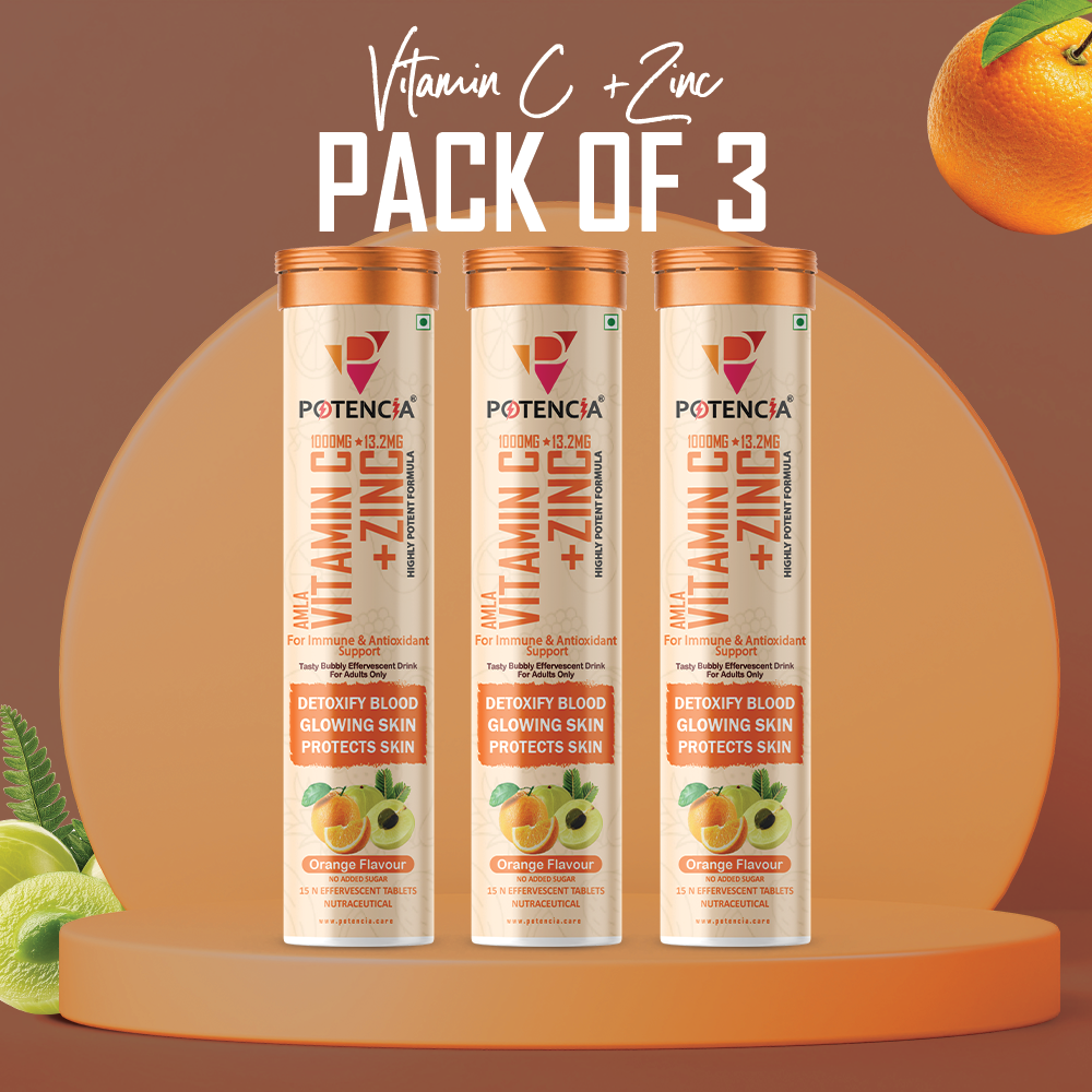 Potencia New Pack of 3 Tubes Amla Vitamin C + Zinc Effervescent Tablets | Immune & Antioxidant Support | Orange Flavour