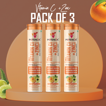 Potencia New Pack of 3 Tubes Amla Vitamin C + Zinc Effervescent Tablets | Immune & Antioxidant Support | Orange Flavour