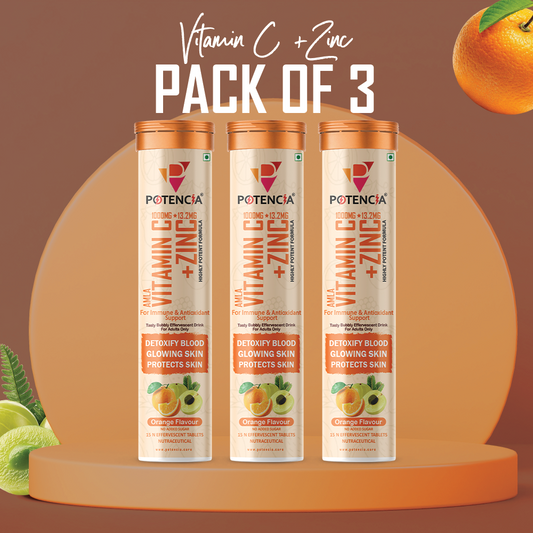 Potencia New Pack of 3 Tubes Amla Vitamin C + Zinc Effervescent Tablets | Immune & Antioxidant Support | Orange Flavour