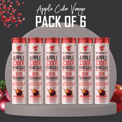 Potencia ( Pack of 6 Tubes ) Apple Cider Vinegar Tablets with Pomegranate & Beetroot Extract | Metabolism, Digestion & Weight Management Support | With Vitamin B6 & B12
