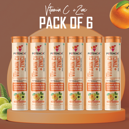 Potencia Pack of 6 Tubes Amla Vitamin C + Zinc Effervescent Tablets | Immune & Antioxidant Support | Orange Flavour