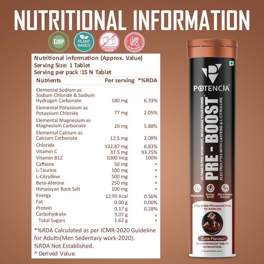 Pack of 6 Potencia PRE-BOOST | Cola | Pre-Workout Effervescent Tablets | Energy + Hydration + Pump | With Citrulline, Taurine, Caffeine & Beta-Alanine | 15 Tabs/Bottle