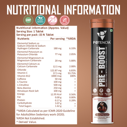 Pack of 6 Potencia PRE-BOOST | Cola | Pre-Workout Effervescent Tablets | Energy + Hydration + Pump | With Citrulline, Taurine, Caffeine & Beta-Alanine | 15 Tabs/Bottle