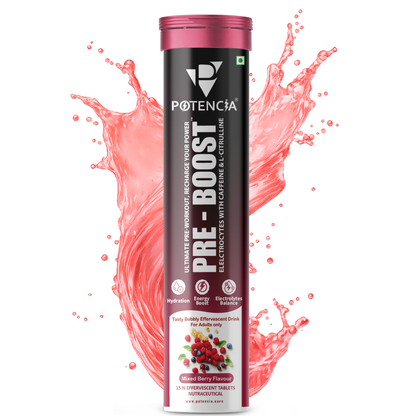 Potencia PRE-BOOST | Pre-Workout Effervescent Tablets | Energy + Hydration + Pump | Mixed-Berry | With Citrulline, Taurine, Caffeine & Beta-Alanine | 15 Tabs/Bottle
