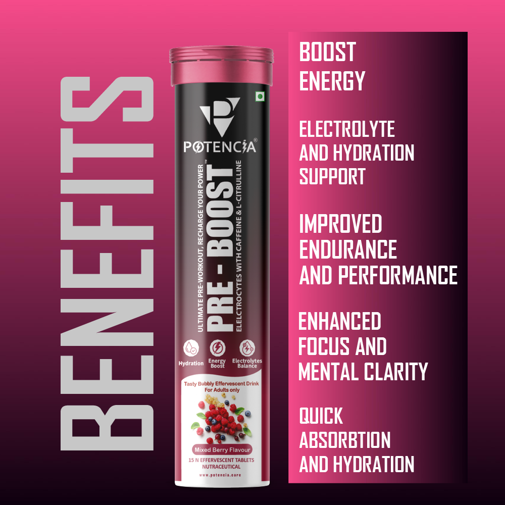 Potencia PRE-BOOST | Pre-Workout Effervescent Tablets | Energy + Hydration + Pump | Mixed-Berry | With Citrulline, Taurine, Caffeine & Beta-Alanine | 15 Tabs/Bottle