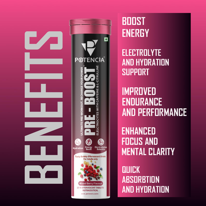 Potencia PRE-BOOST | Pre-Workout Effervescent Tablets | Energy + Hydration + Pump | Mixed-Berry | With Citrulline, Taurine, Caffeine & Beta-Alanine | 15 Tabs/Bottle