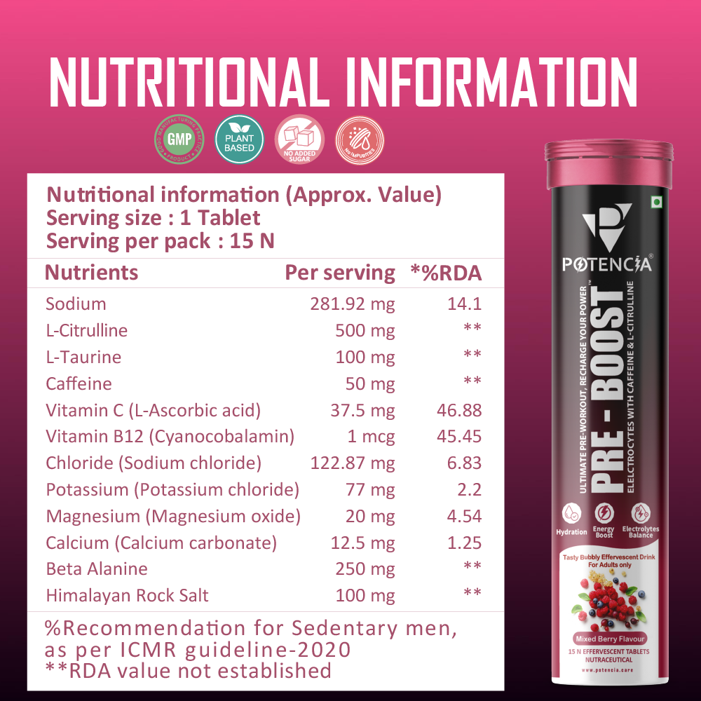 Potencia PRE-BOOST | Pre-Workout Effervescent Tablets | Energy + Hydration + Pump | Mixed-Berry | With Citrulline, Taurine, Caffeine & Beta-Alanine | 15 Tabs/Bottle