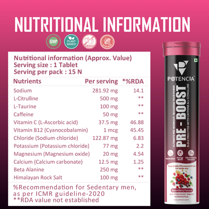 Potencia PRE-BOOST | Pre-Workout Effervescent Tablets | Energy + Hydration + Pump | Mixed-Berry | With Citrulline, Taurine, Caffeine & Beta-Alanine | 15 Tabs/Bottle