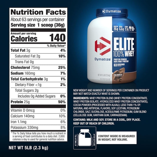 Dymatize Nutrition Elite 100% Whey Protein | Whey Protein Powder | Muscle Recovery | 25g Protein, 5.5g BCAA