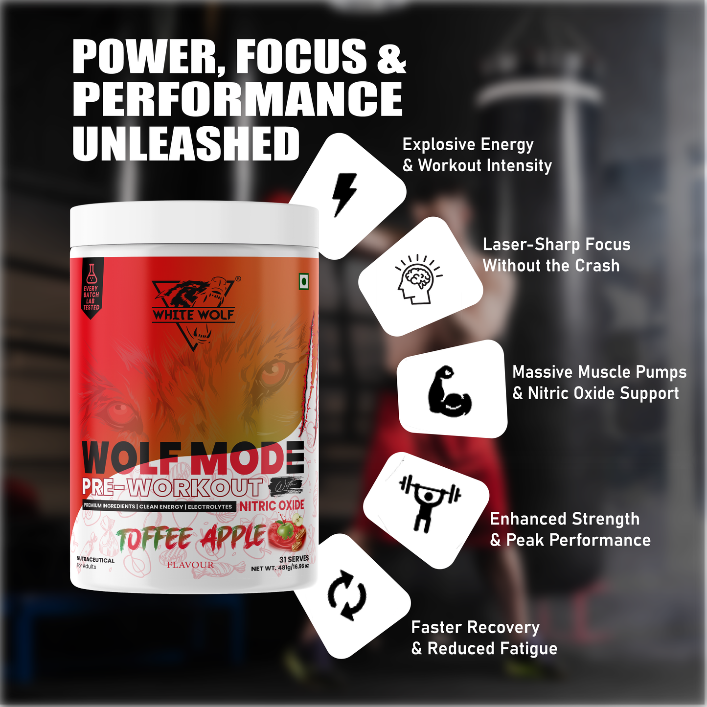 White Wolf - WOLF MODE PreWorkout With Nitric Oxide 15.5G/Serve | Power Mode On | Fuel Your Muscle | Pump Your Muscle 481G Pack